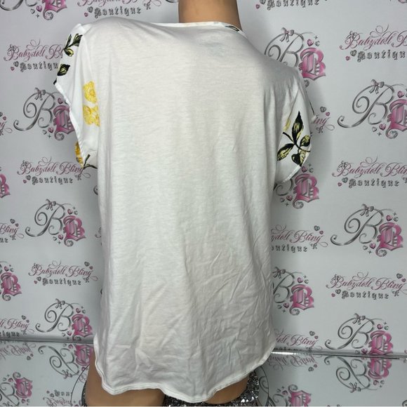 Van Heusen floral tshirt blouse white yellow green flowers flowy cute garden - Picture 4 of 7